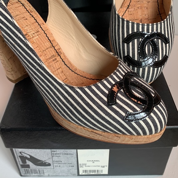 CHANEL Shoes Black White Striped Platform Cork Canvas Patent Slingback CC Heels - Picture 5 of 16